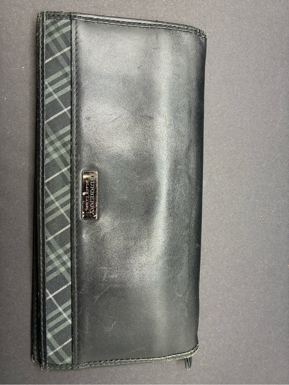 Burberry Black Leather Continental Wallet with Green Check Trim